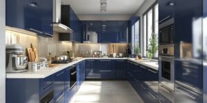 dark blue kitchen cabinets with white countertops, stainless steel appliances